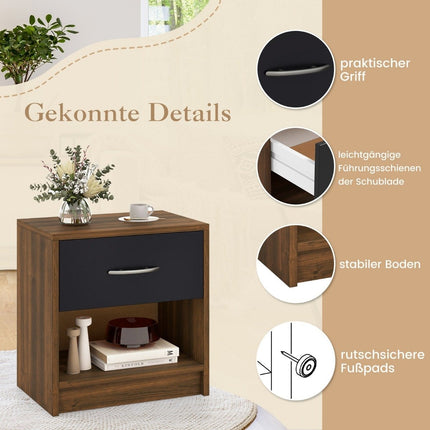 Bedside table with drawer Small side table with open compartment 38.5 x 28 x 40.5 cm brown + black