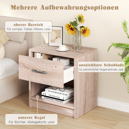 Bedside table with drawer Small side table with open compartment 38.5 x 28 x 40.5 cm natural