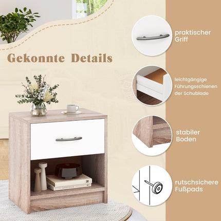 Bedside table with drawer Small side table with open compartment 38.5 x 28 x 40.5 cm natural + white