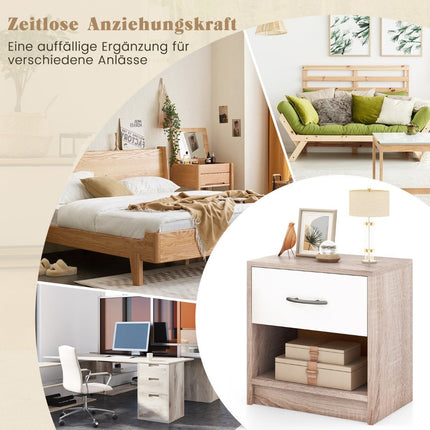 Bedside table with drawer Small side table with open compartment 38.5 x 28 x 40.5 cm natural + white