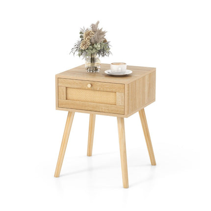 Bedside table with drawer side table with rattan design 40 x 40 x 55 cm oak