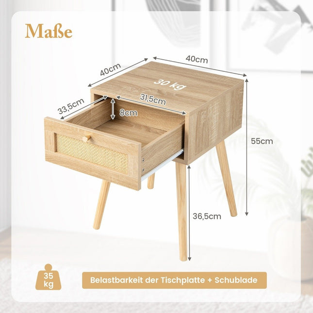 Bedside table with drawer side table with rattan design 40 x 40 x 55 cm oak