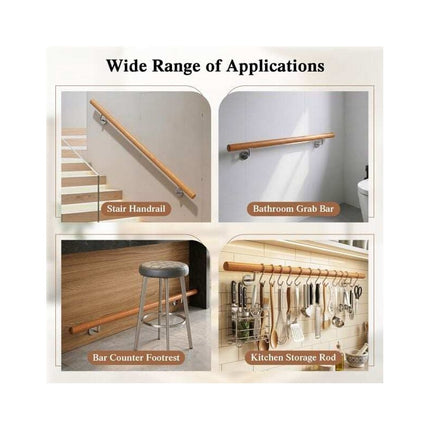 Beech Wood Stair Handrail 100 cm with Wall Brackets, 40 mm Diameter, 200 kg Load