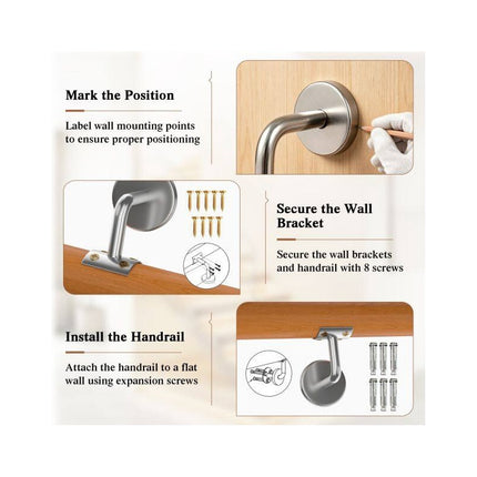 Beech Wood Stair Handrail 80 cm with Wall Brackets, 40 mm Diameter, 200 kg Load