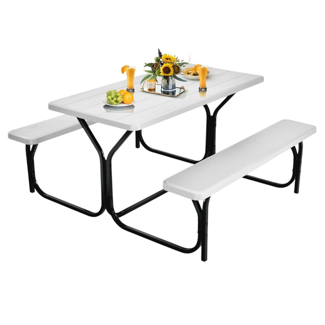 Beer tent set picnic table & 2 benches with white metal frame