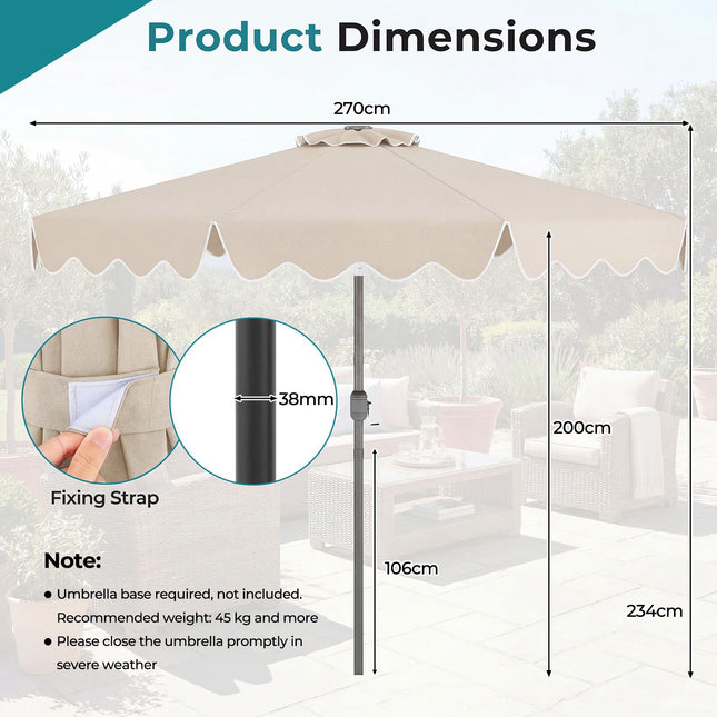 Beige 270cm Ruffled Parasol with Hand Crank & Tilt