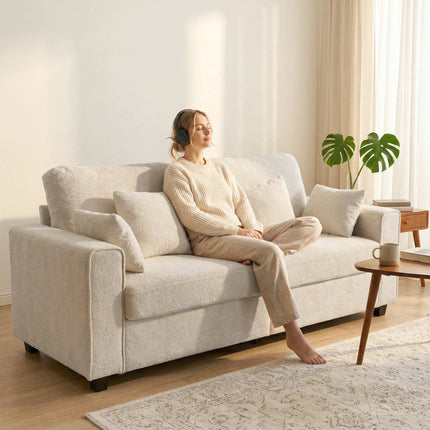 Beige 3-Seater Sofa with Velvet Fabric and Deep Seat