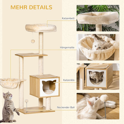 Beige cat tree with cave and sisal poles, 126 Cm