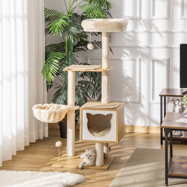 Beige cat tree with cave and sisal poles, 126 Cm