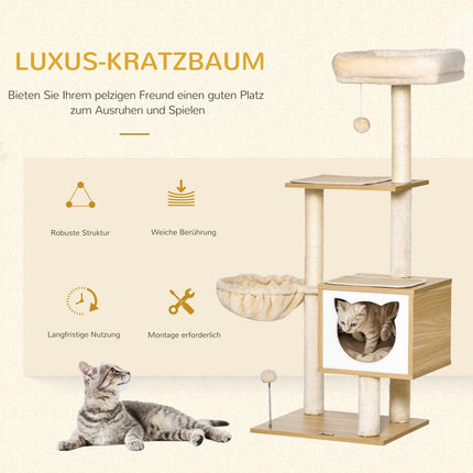 Beige cat tree with cave and sisal poles, 126 Cm