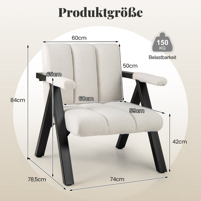 Beige loungestoel met armleuningen en metalen frame