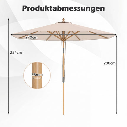 Beige Patio Umbrella, 270 cm, Bamboo Frame, Adjustable Tilt