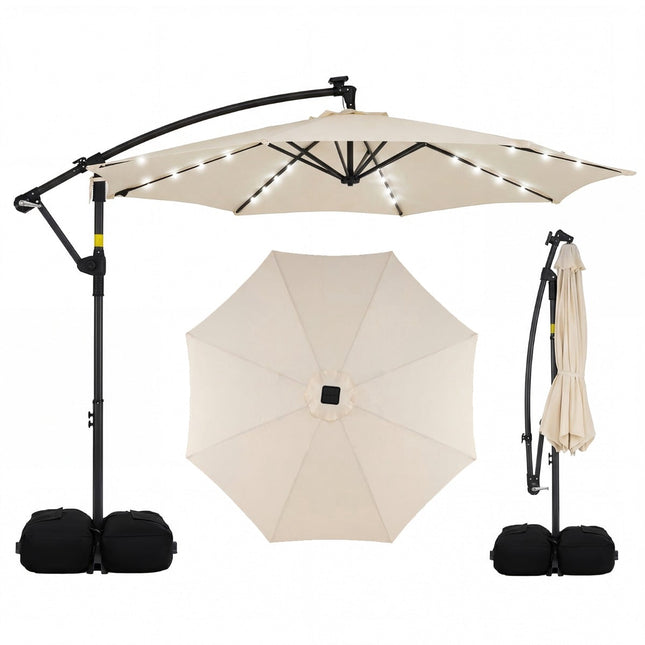 Beige Solar LED Patio Umbrella, 360 Rotatable, 300cm