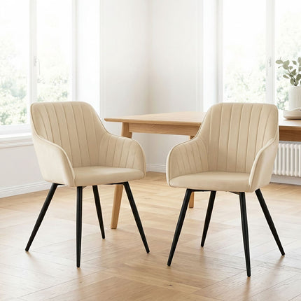 Beige Velvet Dining Chairs with Armrests, Set of 2