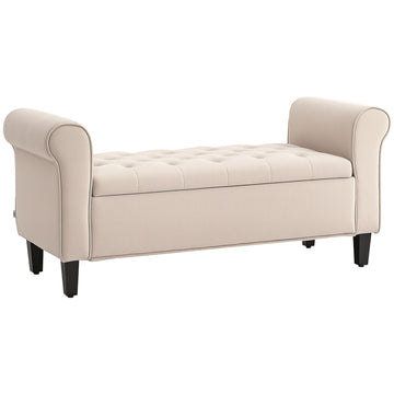 Beige Velvet Storage Bench with Button Tufting and Armrests