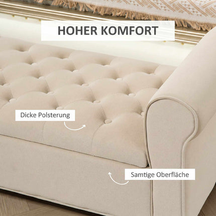 Beige Velvet Storage Bench with Button Tufting and Armrests