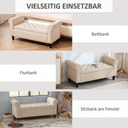Beige Velvet Storage Bench with Button Tufting and Armrests