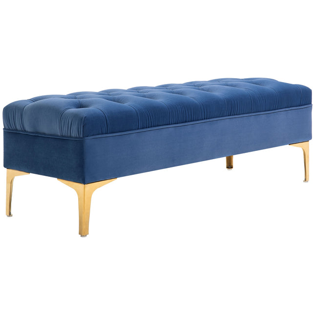 Velvet blue shoe bench - bedroom, raised legs, 118x45x42 cm