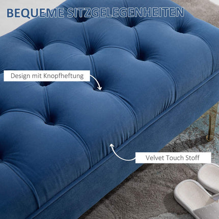 Velvet blue shoe bench - bedroom, raised legs, 118x45x42 cm