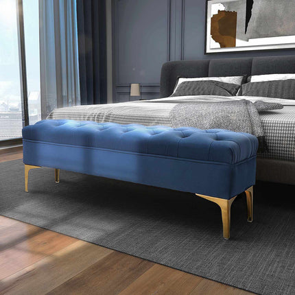 Velvet blue shoe bench - bedroom, raised legs, 118x45x42 cm