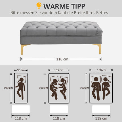 Velvet shoe storage bench, light grey, 118x45x42cm