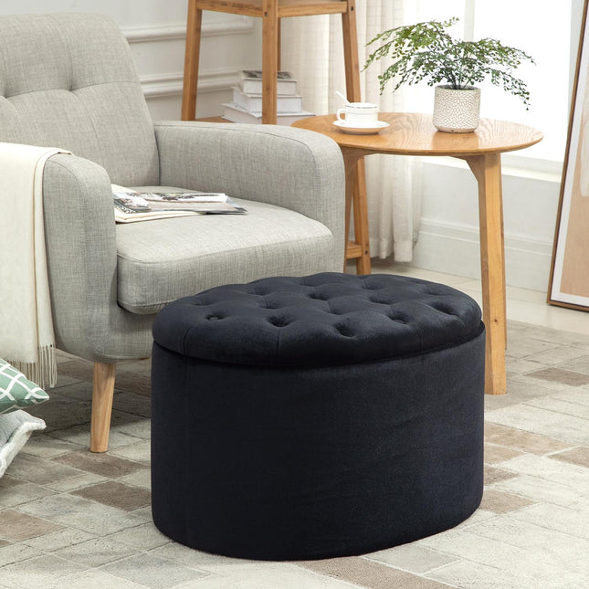 Bank In Zwart Moderne Gestoffeerde Bank Met Opbergruimte, Fluweelachtig Polyester, Rubberhout, Ovale Vorm, 71X52X42Cm