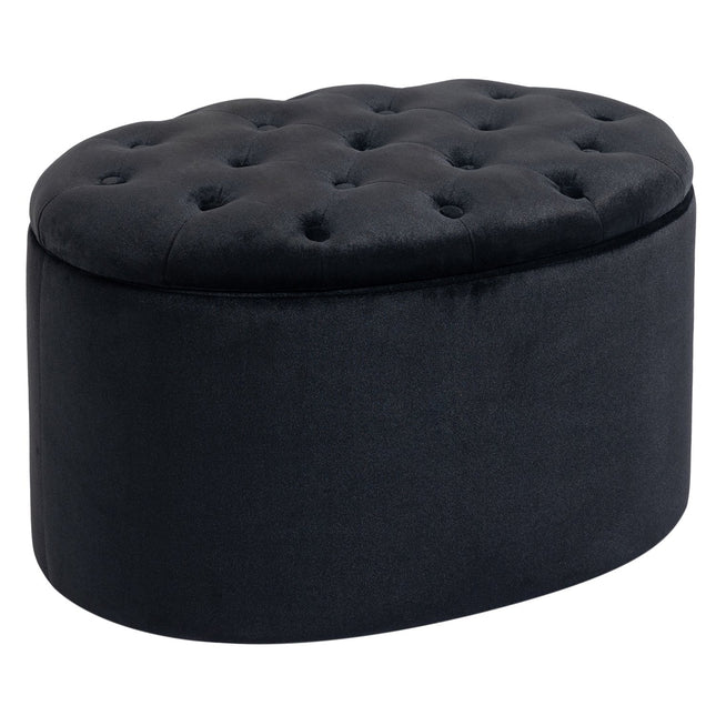 Bank In Zwart Moderne Gestoffeerde Bank Met Opbergruimte, Fluweelachtig Polyester, Rubberhout, Ovale Vorm, 71X52X42Cm