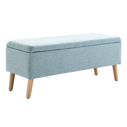 Light green upholstered bench with storage, linen-like fabric
