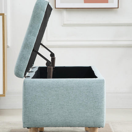 Light green upholstered bench with storage, linen-like fabric
