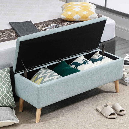 Light green upholstered bench with storage, linen-like fabric