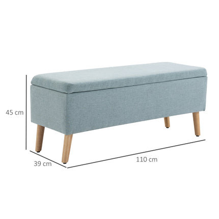 Light green upholstered bench with storage, linen-like fabric