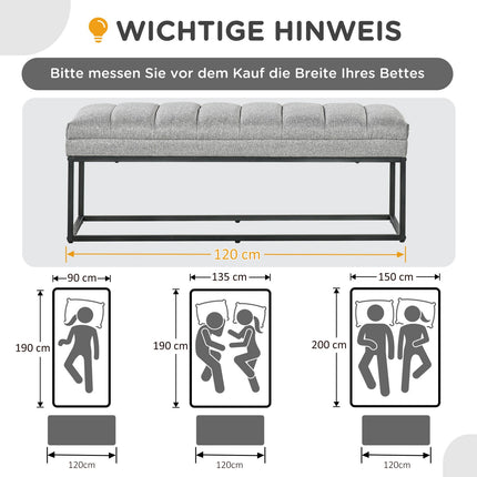 Upholstered bed bench, light gray linen, 120x44x45.5 cm, 200 kg capacity