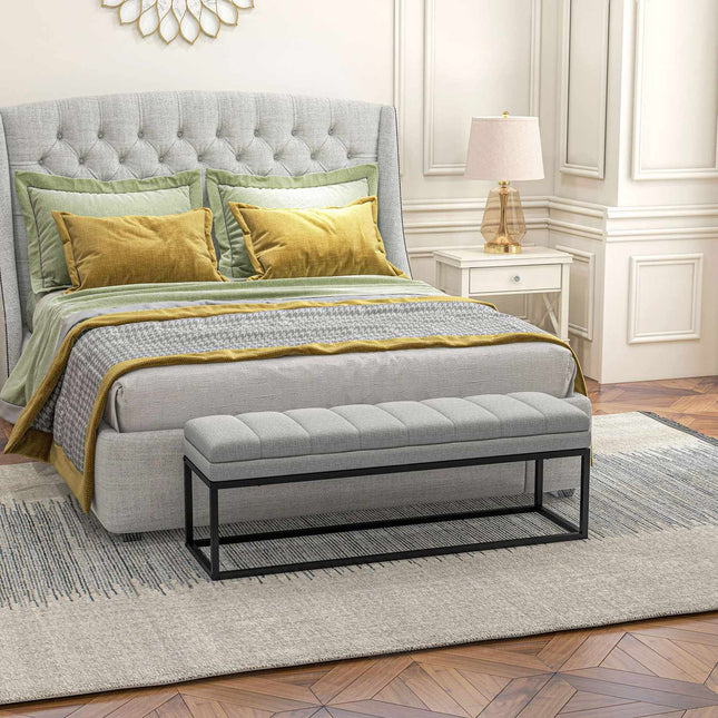 Upholstered bed bench, light gray linen, 120x44x45.5 cm, 200 kg capacity