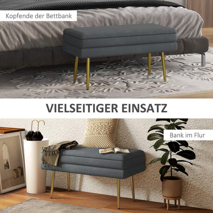 Upholstered bench in gray velvet look with storage space