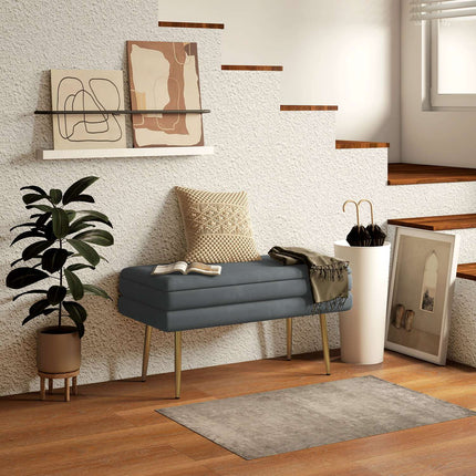 Upholstered bench in gray velvet look with storage space