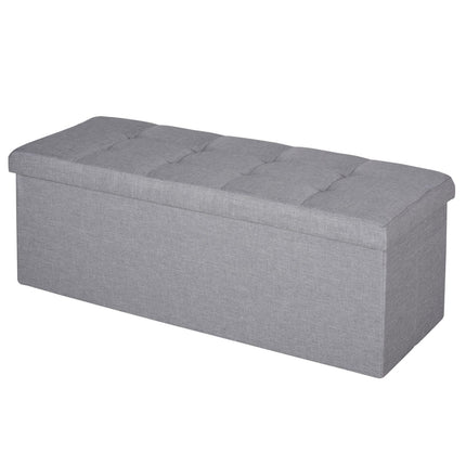 Gray upholstered storage bench, foldable with dividers