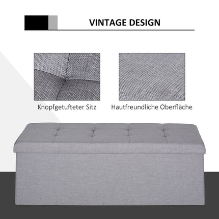 Gray upholstered storage bench, foldable with dividers