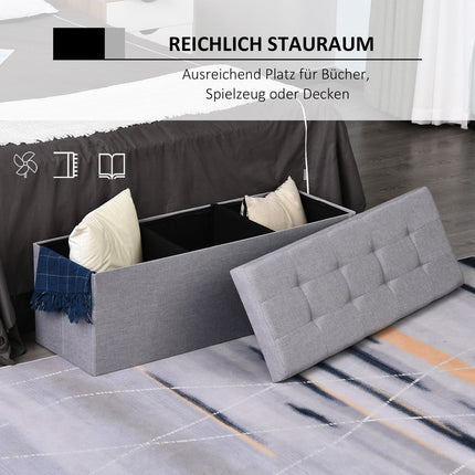 Gray upholstered storage bench, foldable with dividers