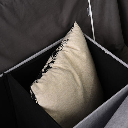 Gray upholstered storage bench, foldable with dividers