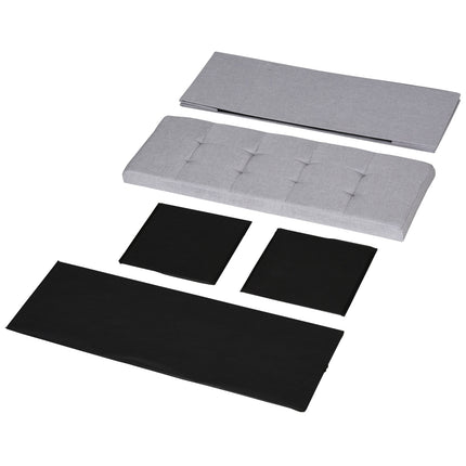 Gray upholstered storage bench, foldable with dividers
