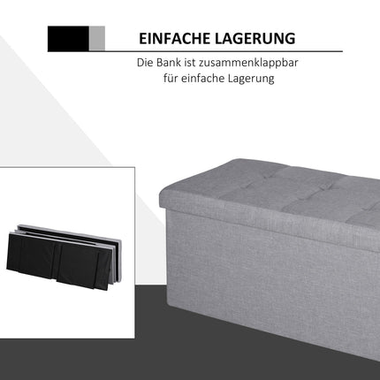 Gray upholstered storage bench, foldable with dividers