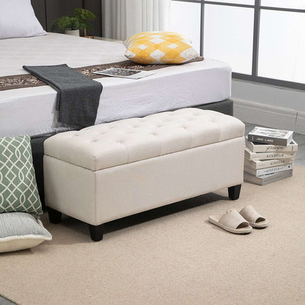 Storage bench, cream covered, linen-like polyester, 100 cm
