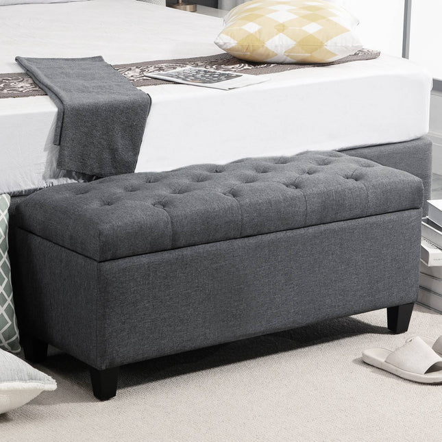Upholstered storage bench, dark gray linen, 100 x 40 x 44 cm