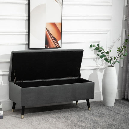 Upholstered storage bench, metal frame, charcoal grey