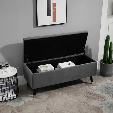 Upholstered storage bench, metal frame, charcoal grey