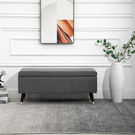 Upholstered storage bench, metal frame, charcoal grey