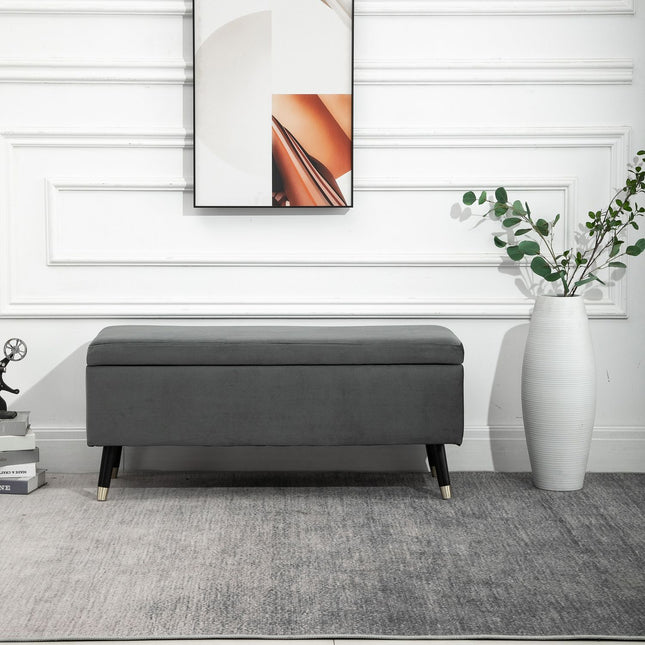 Upholstered storage bench, metal frame, charcoal grey