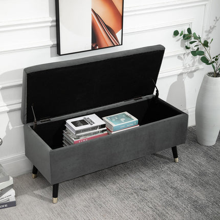 Upholstered storage bench, metal frame, charcoal grey