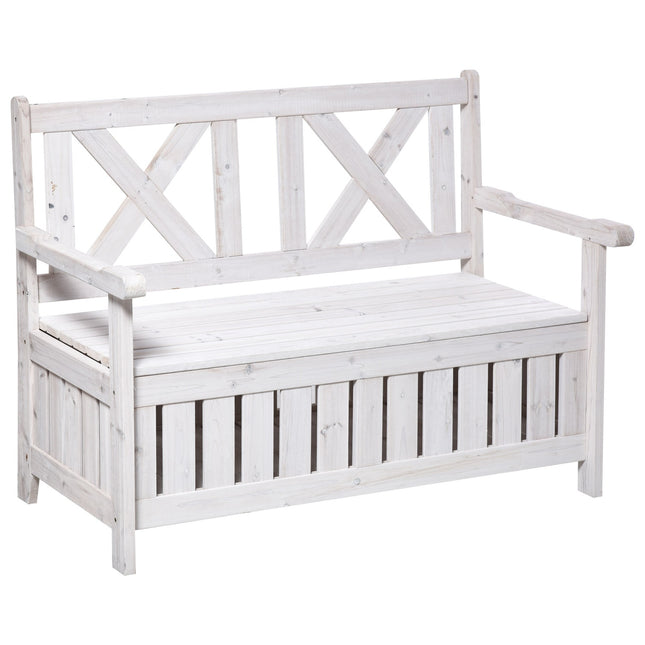 Garden storage bench, 2-seater with cushion, white 115 cm