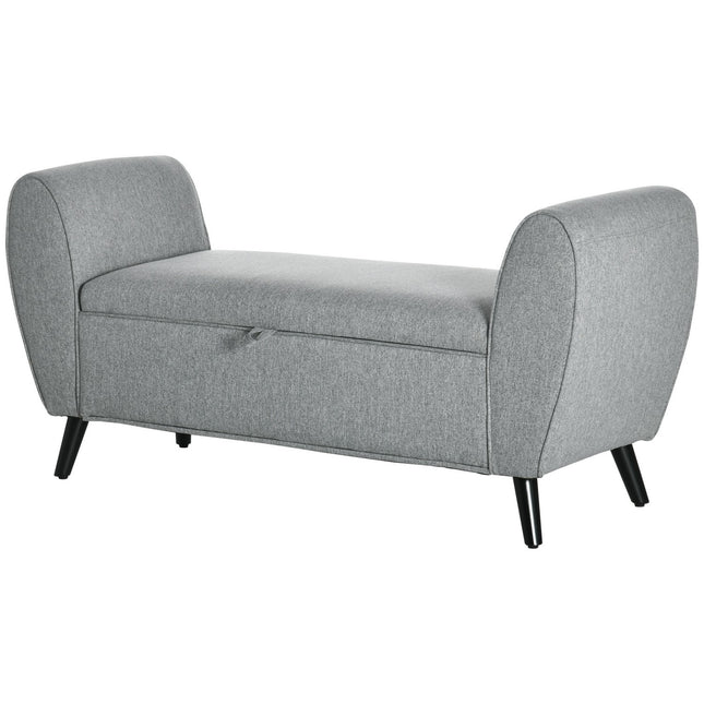 Upholstered storage bench with armrests - light gray linen